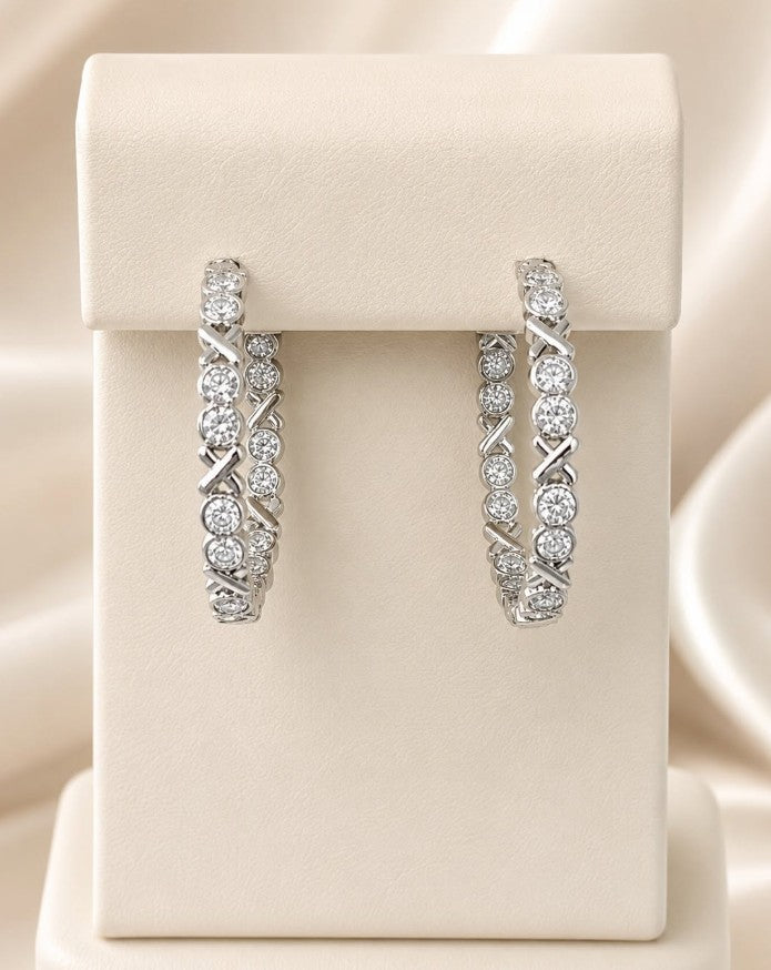 Sterling Silver XOXO CZ Hoop Earrings - 29mm Bezel Set