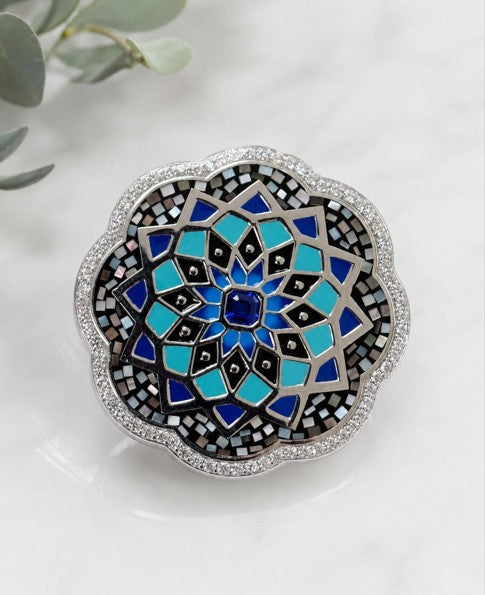 Sterling Silver Enamel Pin Pendant with Sapphire & CZ Halo