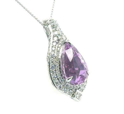 18K White Gold Pear Kunzite & Diamond Halo Pendant Necklace
