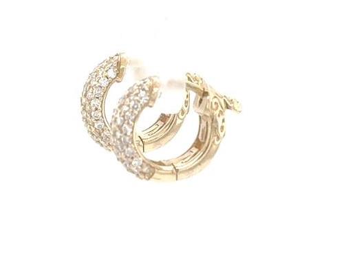 14K yellow gold huggie earrings with pave-set round diamonds in multiple rows.