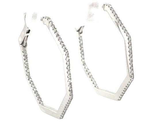 14K White Gold Octagon Diamond Inside Out Hoop Earrings