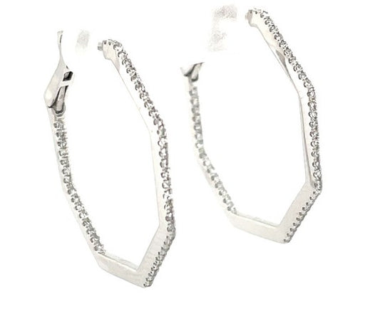 14K White Gold Octagon Diamond Inside Out Hoop Earrings