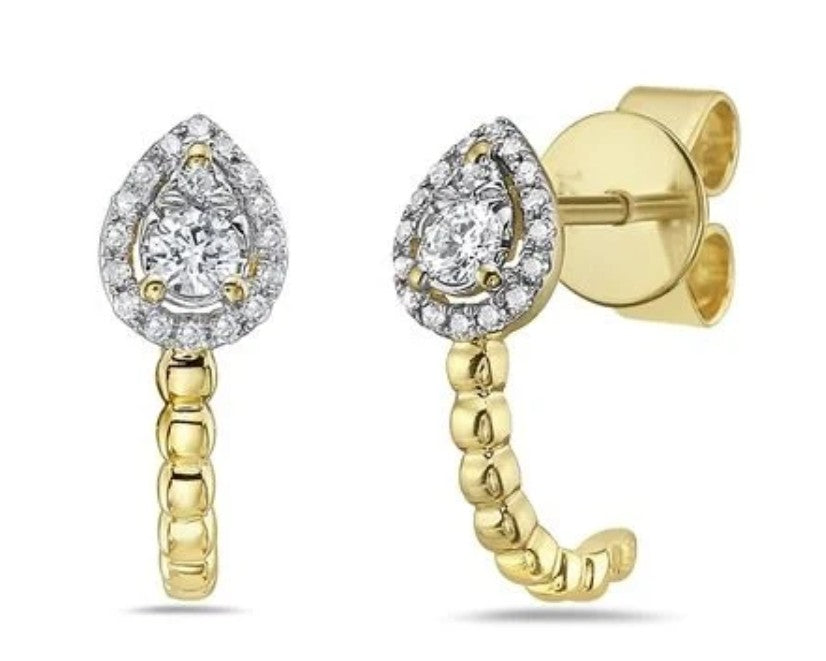 14K Yellow & White Gold Pear Diamond J-Hoop Earrings 0.17ctw