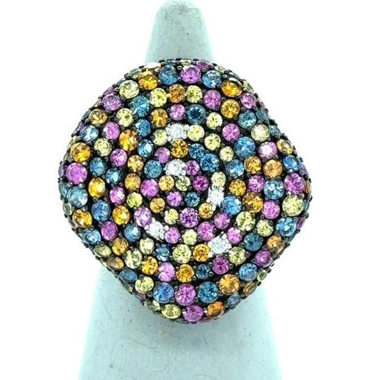 14K White Gold Multi-Color Sapphire & Diamond Statement Ring