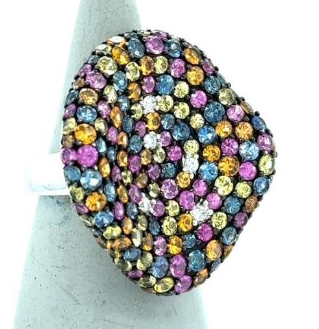14K White Gold Multi-Color Sapphire & Diamond Statement Ring