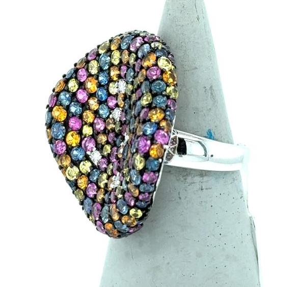 14K White Gold Multi-Color Sapphire & Diamond Statement Ring