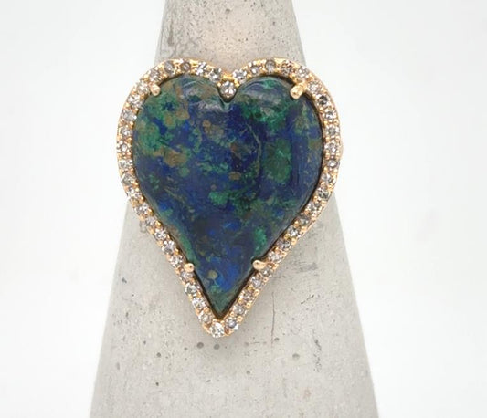 18K Yellow Gold Heart Shaped Azurite Malachite & Diamond Ring