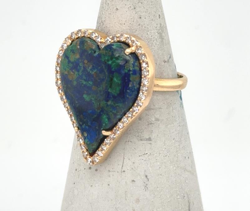 18K Yellow Gold Heart Shaped Azurite Malachite & Diamond Ring