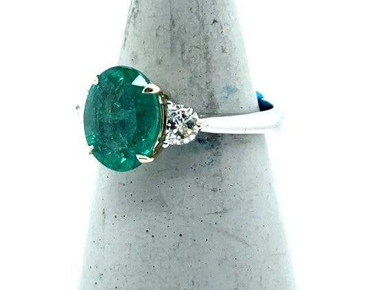 Platinum & 14K Gold Emerald Diamond Ring - 3.09ct Oval Cut