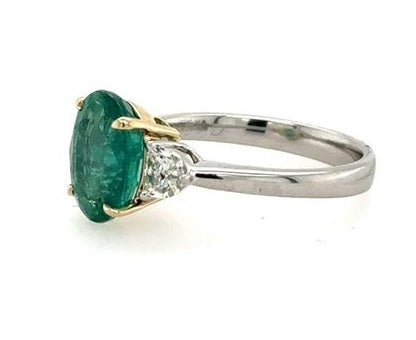 Platinum & 14K Gold Emerald Diamond Ring - 3.09ct Oval Cut