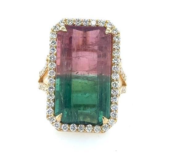 18K Yellow Gold Watermelon Tourmaline & Diamond Ring