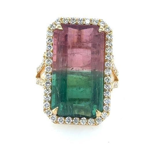 18K Yellow Gold Watermelon Tourmaline & Diamond Ring