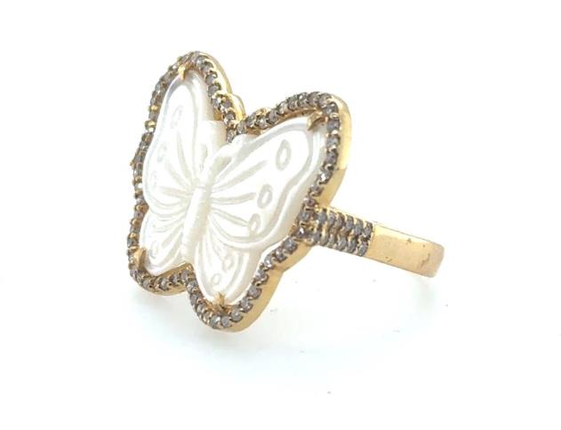18K Yellow Gold Hand Carved Mother of Pearl & Diamond Butterfly Ring