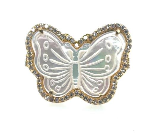 18K Yellow Gold Hand Carved Mother of Pearl & Diamond Butterfly Ring