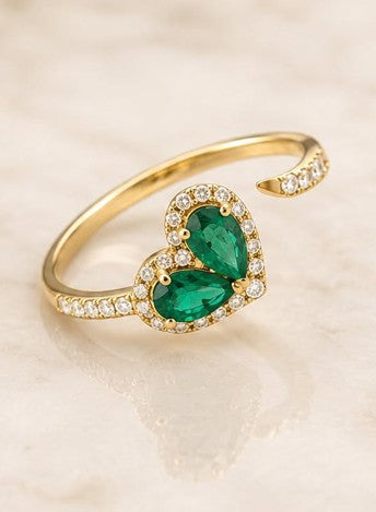 14K Yellow Gold Emerald & Diamond Heart Bypass Ring for Women