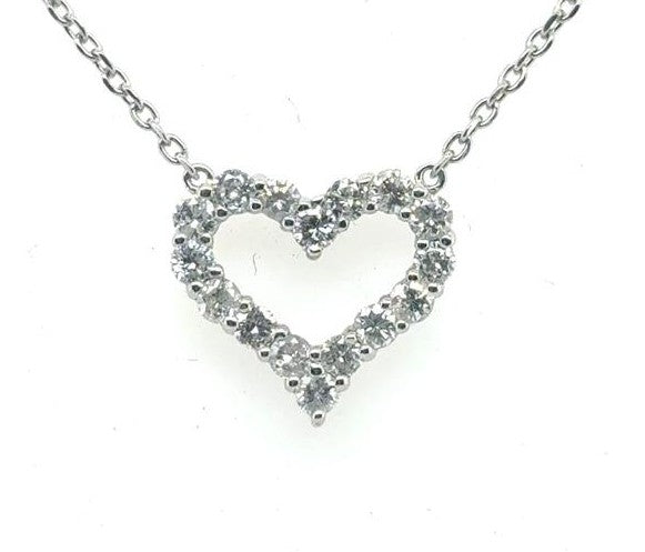 14K White Gold Diamond Heart Pendant - 0.96ctw Round Brilliant