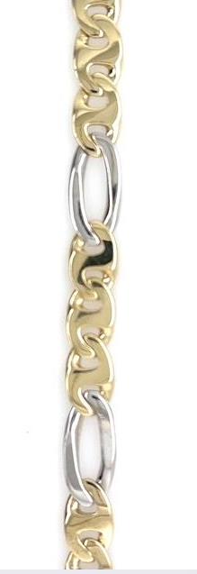 Two-tone 14K gold Fancy Figaro bracelet with yellow links and larger white links.