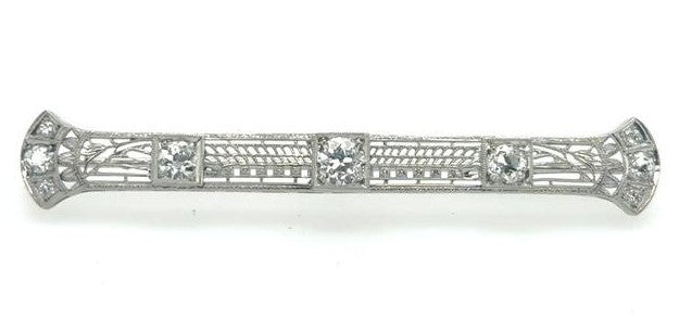 18K White Gold Art Deco Diamond Filigree Brooch