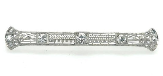 18K White Gold Art Deco Diamond Filigree Brooch