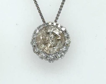 14K White Gold 2.01ct Diamond Halo Pendant Necklace