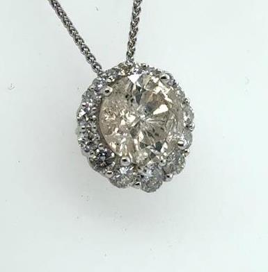 14K White Gold 2.01ct Diamond Halo Pendant Necklace