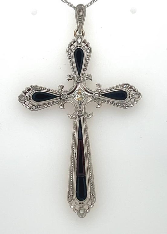 18K Antique Onyx & Diamond Cross Pendant