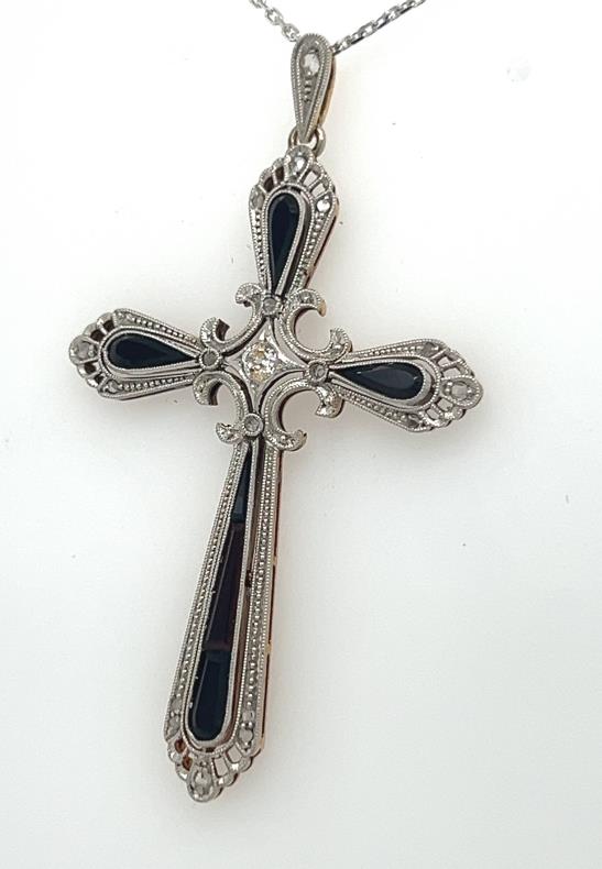 18K Antique Onyx & Diamond Cross Pendant