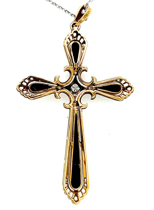 18K Antique Onyx & Diamond Cross Pendant