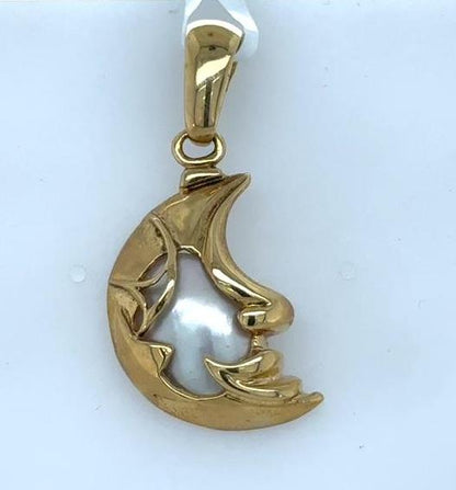 18K Yellow Gold Pearl Moon Face Pendant - 24mm Abstract Design