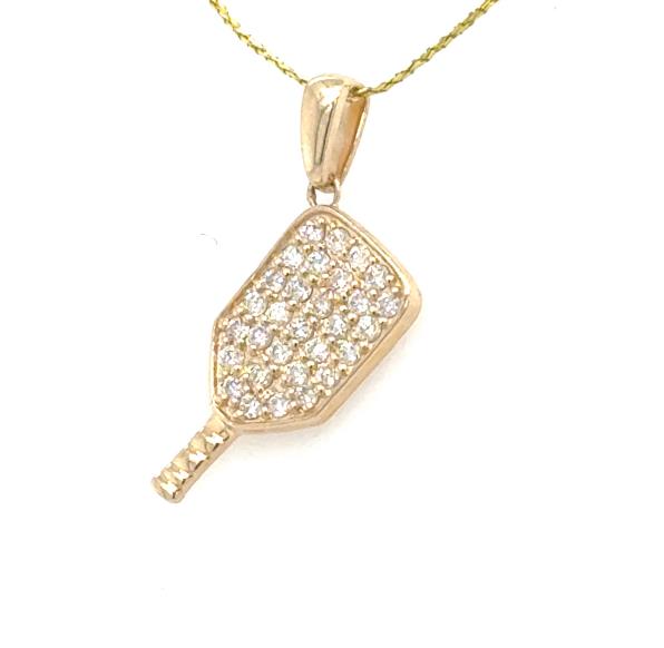 14K Yellow Gold Diamond Pickelball Paddle Pendant