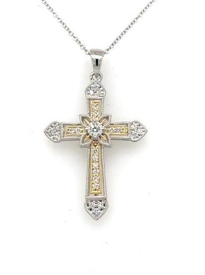 14K White & Yellow Gold Diamond Cross Pendant