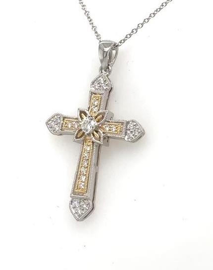 14K White & Yellow Gold Diamond Cross Pendant