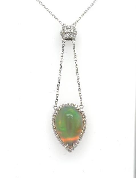 14K White Opal & Diamond Pendant