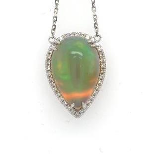 14K White Opal & Diamond Pendant