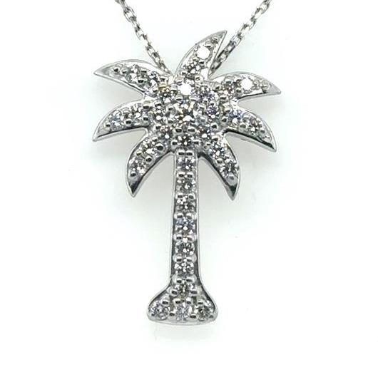 14K White Gold Pave Diamond Palm Tree Pendant