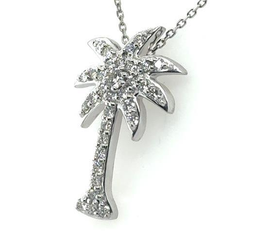 14K White Gold Pave Diamond Palm Tree Pendant