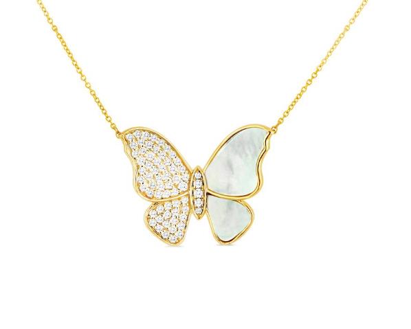 14K Yellow Gold Diamond and Mother of Pearl Butterfly Pendant