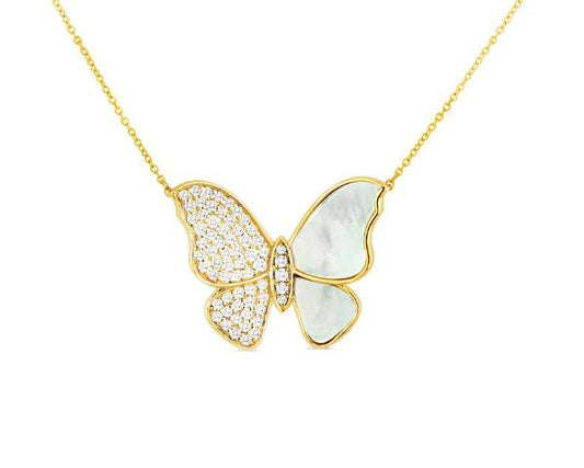14K Yellow Gold Diamond and Mother of Pearl Butterfly Pendant