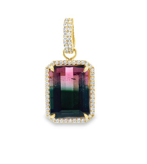 18K Yellow Gold Watermelon Tourmaline and Diamond Pendant