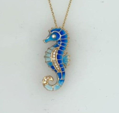 14K Yellow Gold Enamel & Diamond Seahorse Pendant