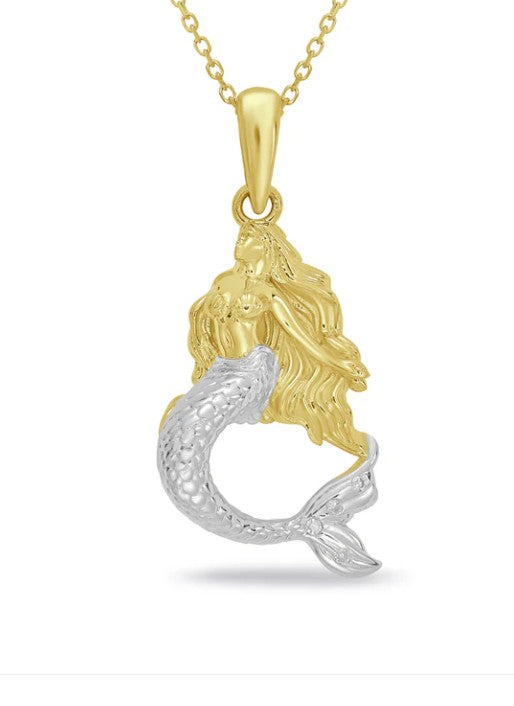 14K Two-Tone Mermaid Pendant with Diamonds and 18" Chain