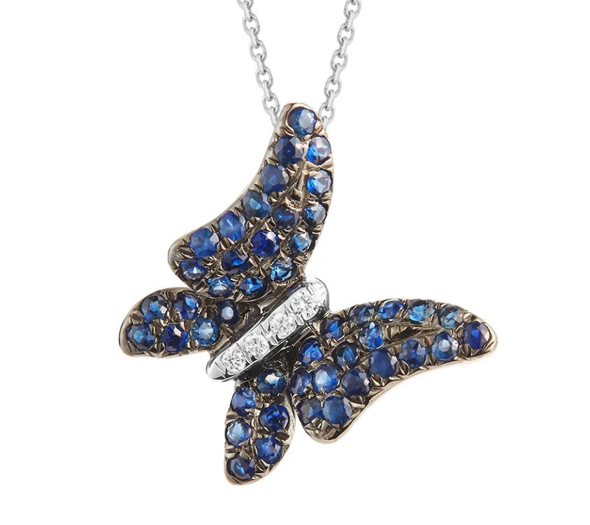 14K White Gold Sapphire Butterfly Pendant Necklace - 18"