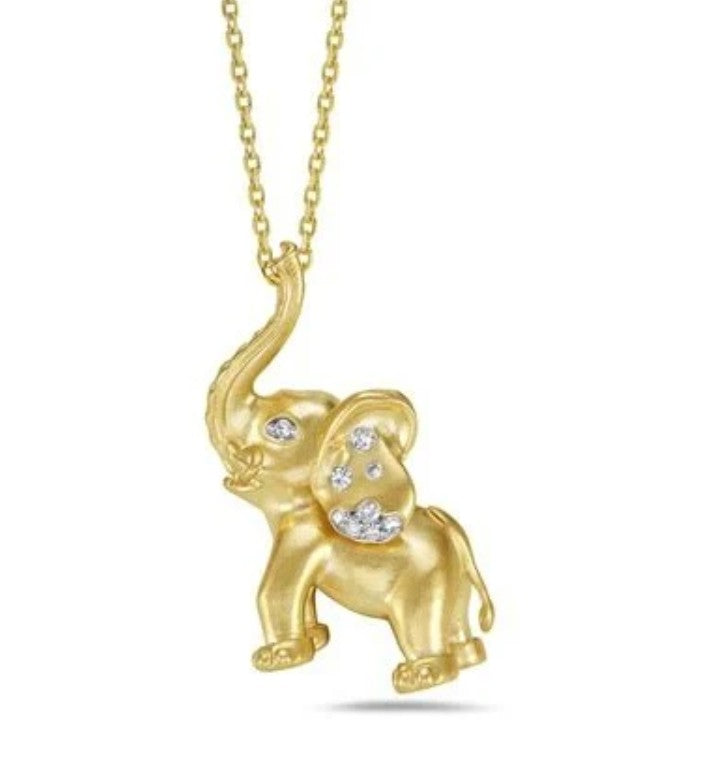 14K Yellow Gold Diamond Elephant Pendant with 18" Chain
