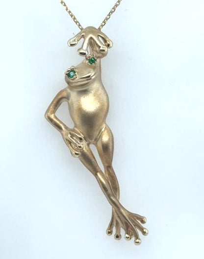 14K Yellow Gold Stylized Frog Pendant with Emerald Eyes