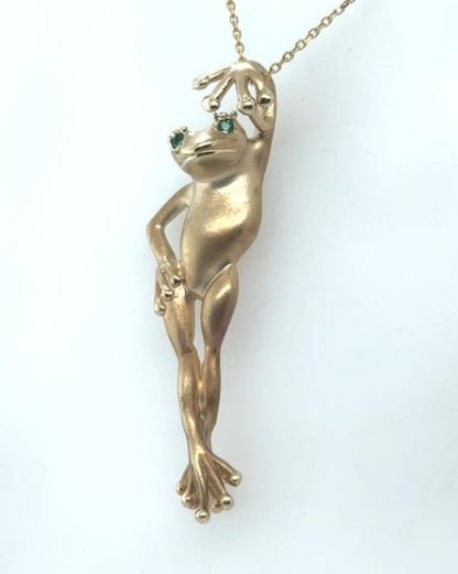 14K Yellow Gold Stylized Frog Pendant with Emerald Eyes