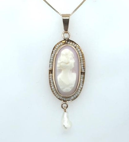 10K Yellow Gold Antique Carved Shell Cameo and Seed Pearl Pendant