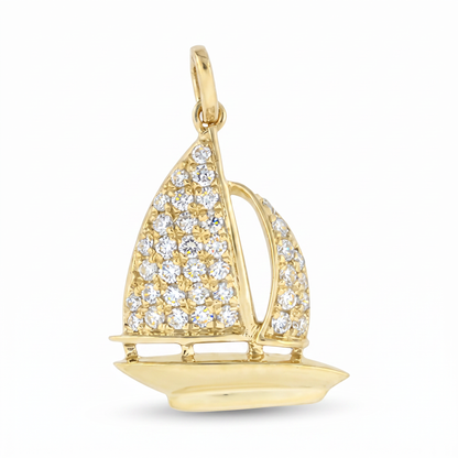 14K Yellow Gold Diamond Sailboat Pendant 0.33ct Pave