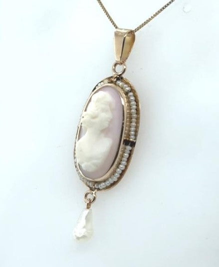 10K Yellow Gold Petite Carved Shell Cameo Seed Pearl Pendant