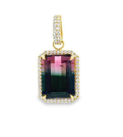 18K Yellow Gold Watermelon Tourmaline Diamond Pendant 8.62ct