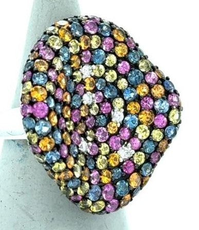 14K White Gold Multi-Color Sapphire & Diamond Statement Ring